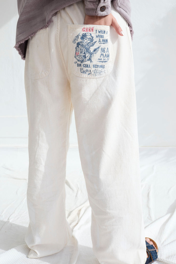 P83 Sailor GI Embroidery 9oz Linen/Organic Cotton Sun Faded-Paint Dye Off White