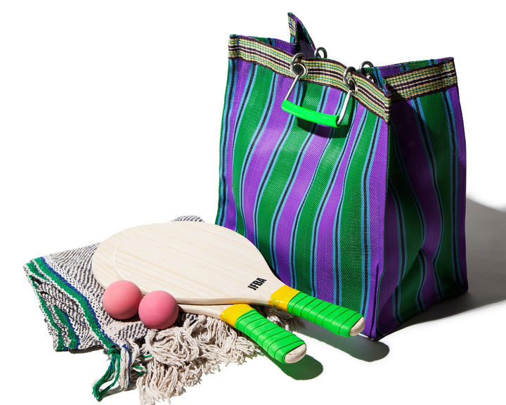 ZZ-503318 Recycled Plastic Stripe Bag-Square/E Green X Purple