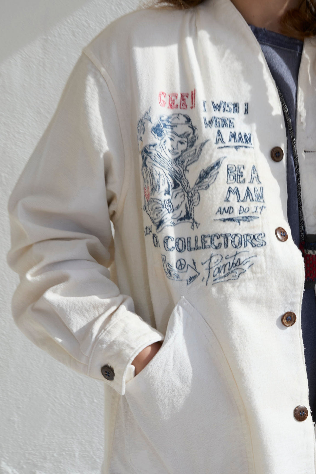 Okinawa GI Embroidery 9oz Linen & Organic Cotton Sun Faded - Paint Dye Off White