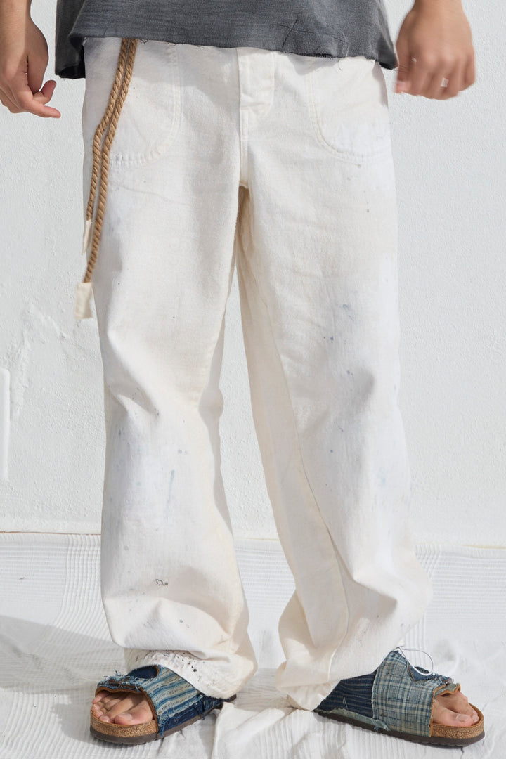P85 HBT 9oz Linen/Organic Cotton Sun Faded Dye Off White + Paint Splatter