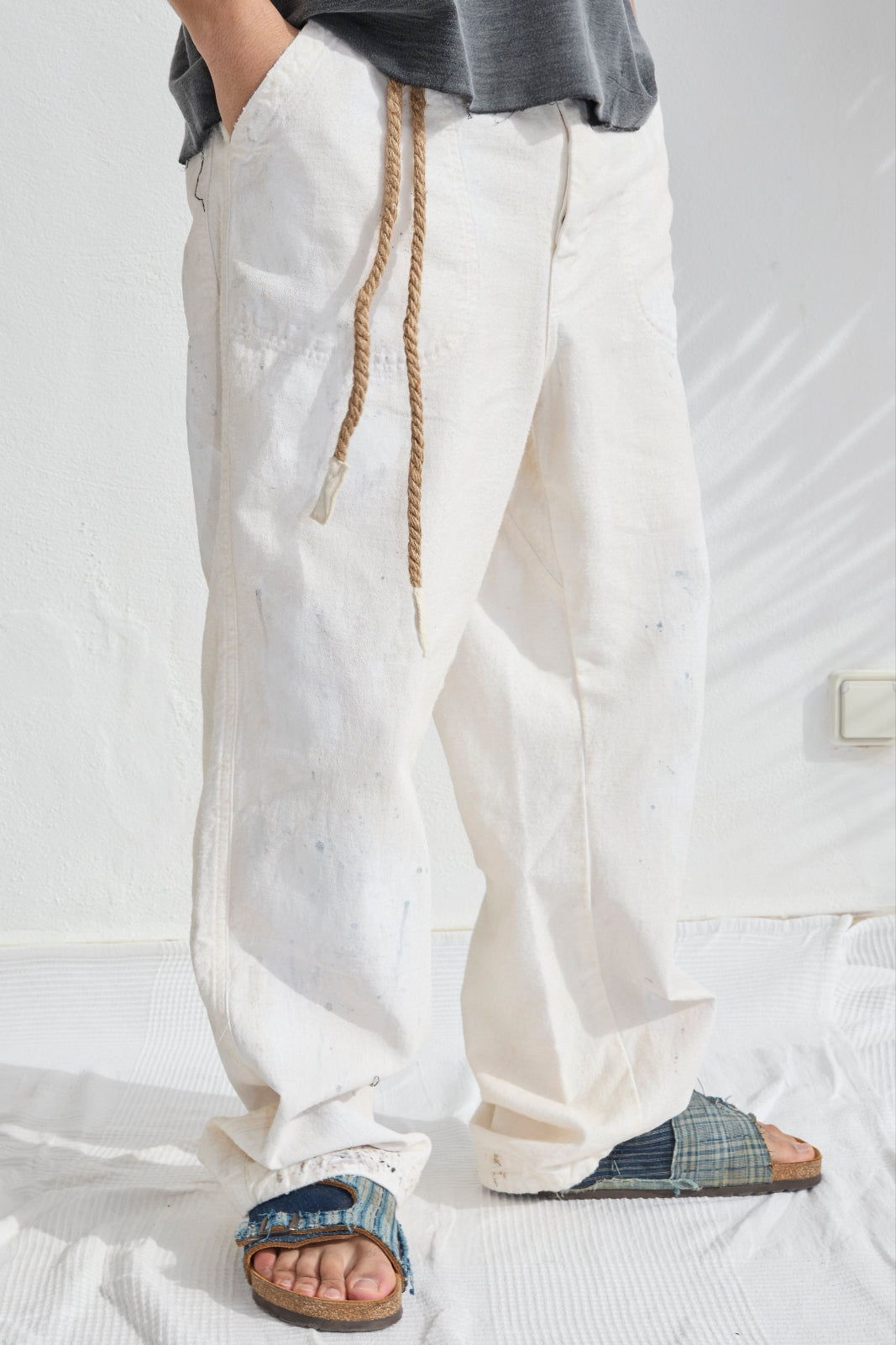 P85 HBT 9oz Linen/Organic Cotton Sun Faded Dye Off White + Paint Splatter
