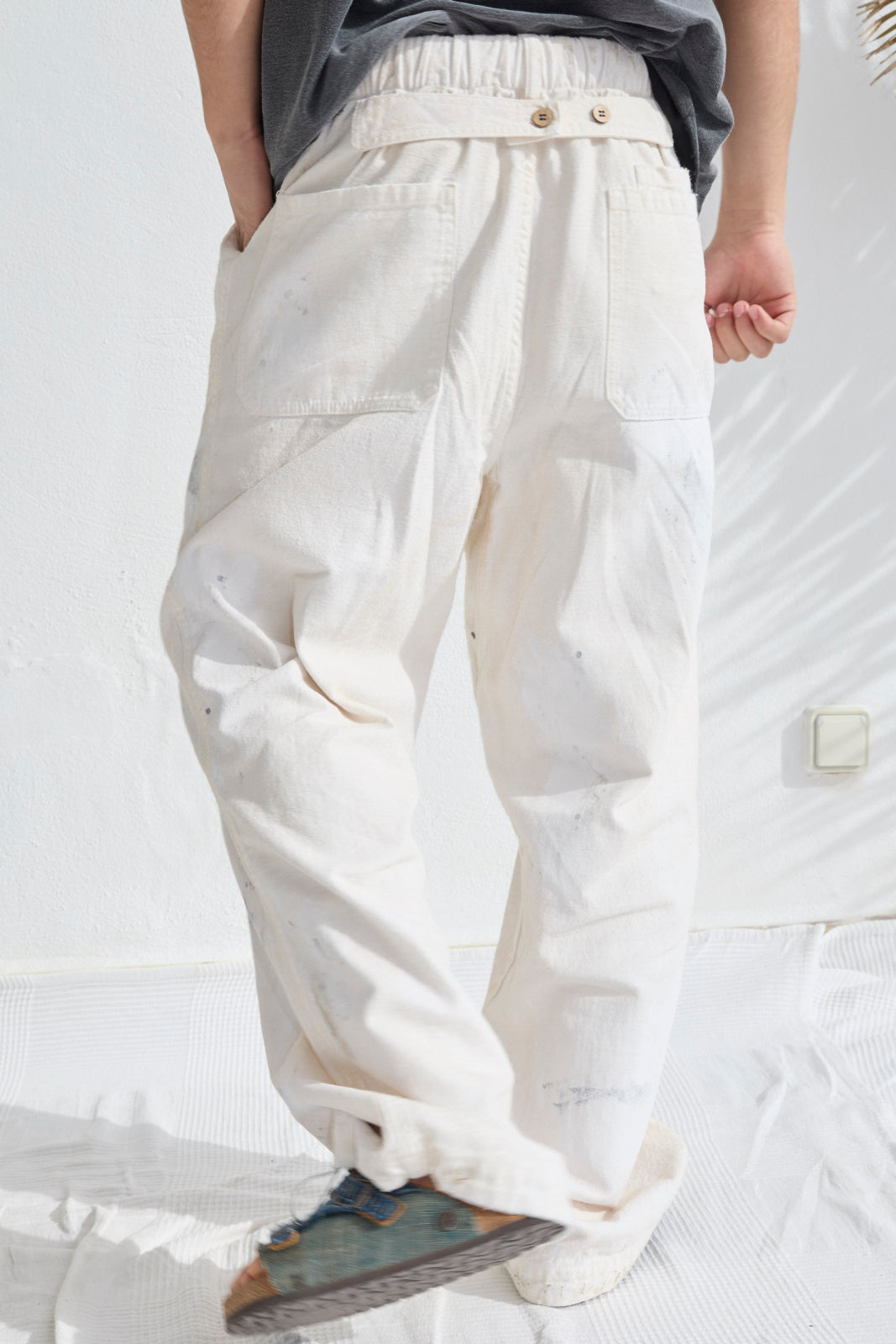 P85 HBT 9oz Linen/Organic Cotton Sun Faded Dye Off White + Paint Splatter