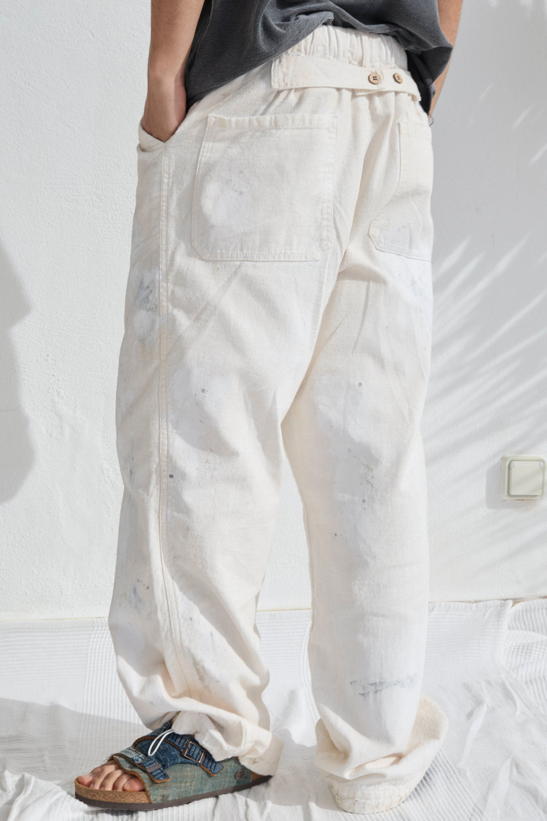 P85 HBT 9oz Linen/Organic Cotton Sun Faded Dye Off White + Paint Splatter