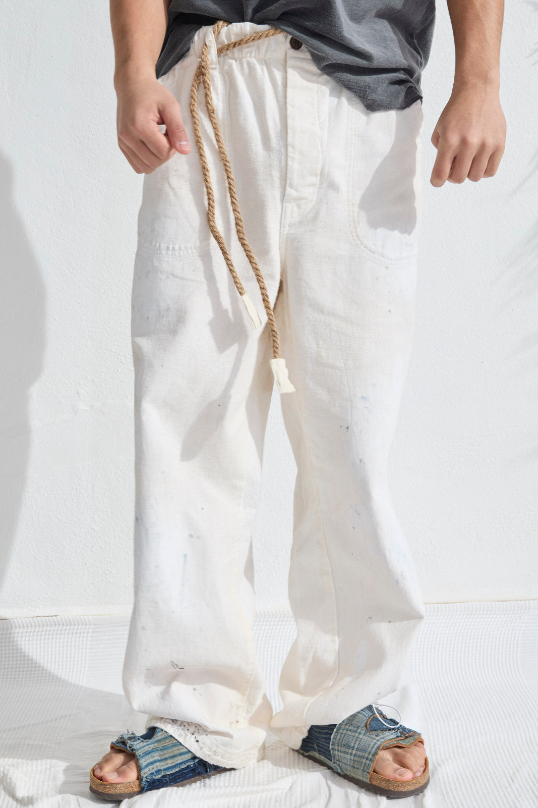P85 HBT 9oz Linen/Organic Cotton Sun Faded Dye Off White + Paint Splatter