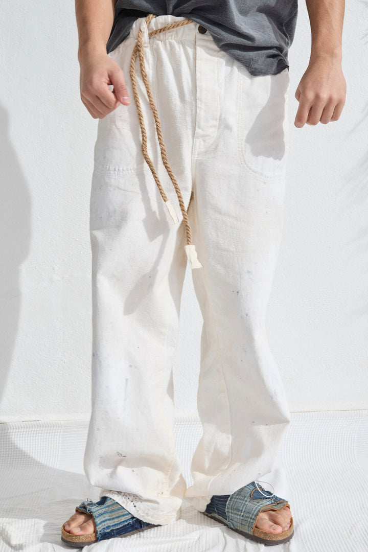 P85 HBT 9oz Linen/Organic Cotton Sun Faded Dye Off White + Paint Splatter