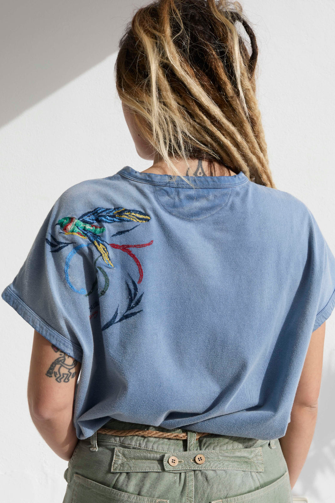 Palm Spring Humming Birds Recycled Jersey Sun Faded Dye Bleu de Travail