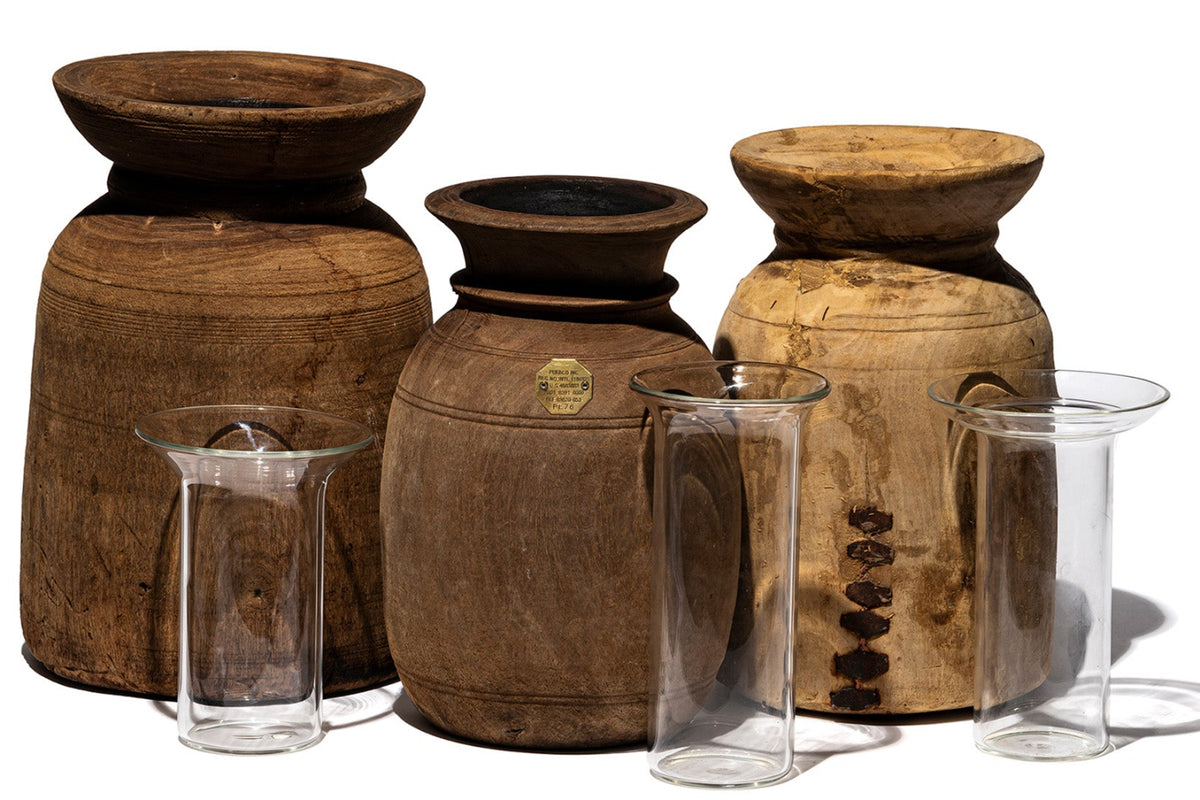 ZZ-110783 Vintage Wood Vase with Glass Cylinder